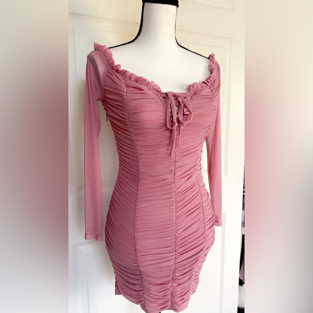 Off Shoulder Lace Up Front Ruched Mesh Pink Mini Dress from SHEIN